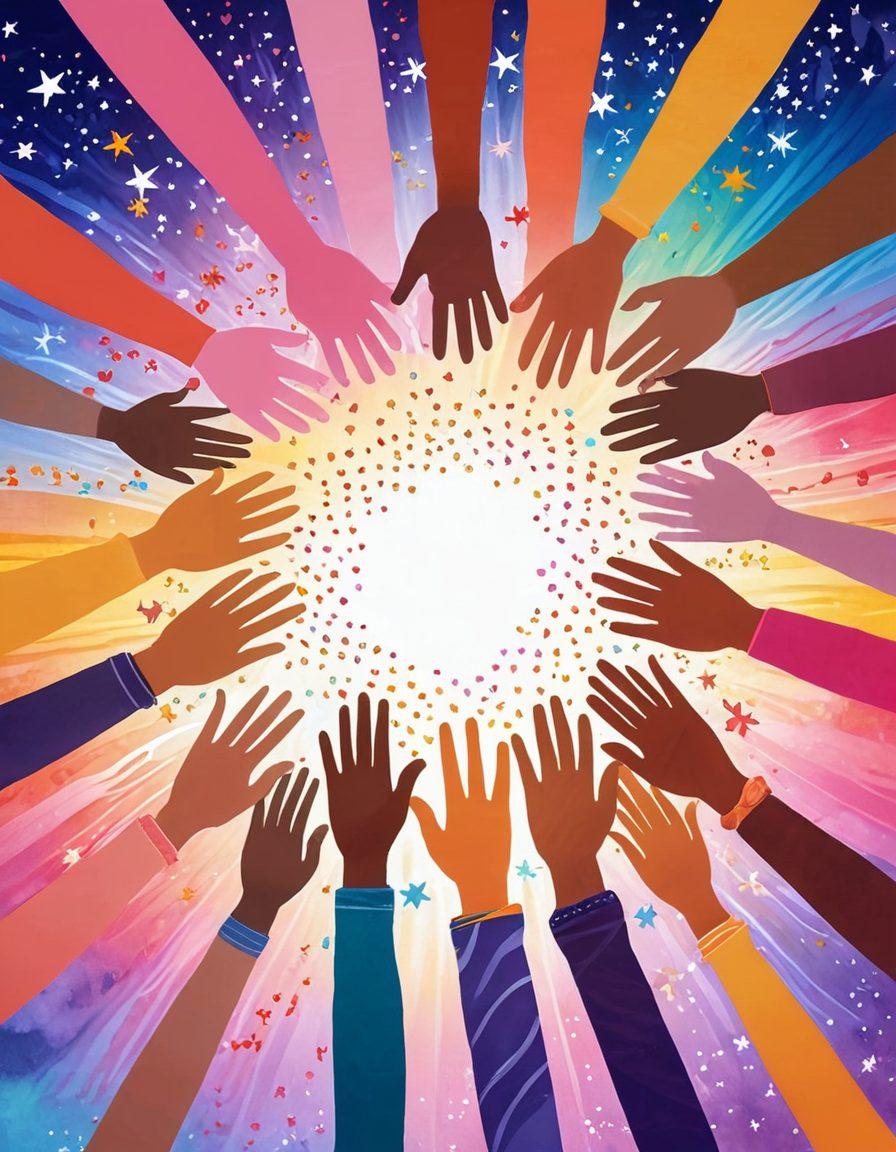 A group of diverse individuals, united in a circle, lifting their hands to create a ripple effect of colorful light emanating from their joined palms. The background features soft, warm hues symbolizing happiness and collaboration, with subtle waves radiating outward to signify the spreading impact of positivity. Incorporate elements like floating hearts and sparkling stars to enhance the uplifting theme. super-realistic. vibrant colors. soft-focus background.