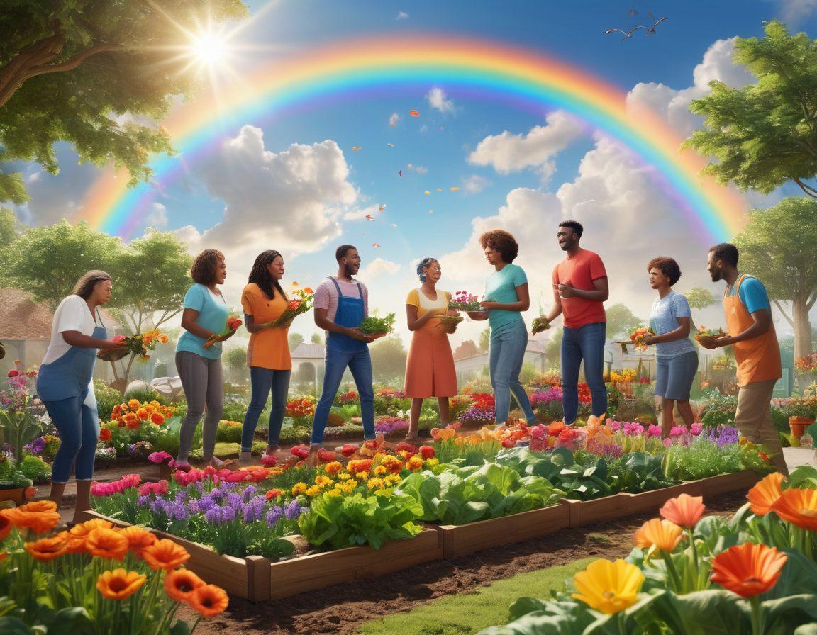 A diverse group of people from various cultures joyfully engaging in a community garden, planting colorful flowers and vegetables together, symbolizing unity and shared happiness. Bright sunlight shining down, with a rainbow in the background, evoking a sense of warmth and positivity. super-realistic. vibrant colors. 3D.