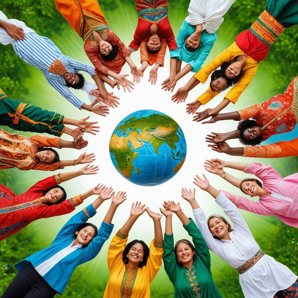 A diverse group of people from different cultures and backgrounds, joyfully holding hands in a circle. Each person is wearing traditional clothing representing their culture, with vibrant, uplifting expressions. In the background, a lush green landscape symbolizes harmony with nature, while a glowing globe hovers above them, representing global unity. The scene radiates warmth and positivity, showcasing togetherness as a force for global well-being. super-realistic. vibrant colors. white background.
